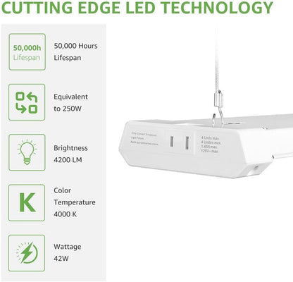 6 Pack Linkable 4200lm LED Shop Light, 4ft 42W Ceiling Lights, 5000K Daylight White For Garage, Basement, Workshop, Suspension Mount, With Pull Chain, Energy Star Rebates Available