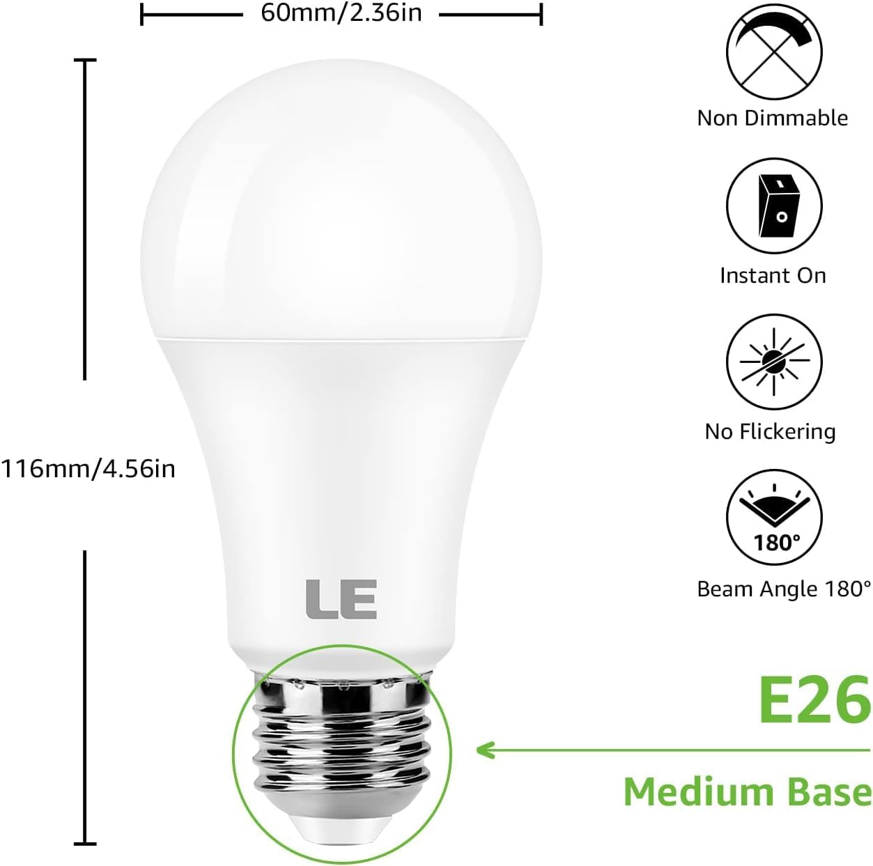 LE LED Light Bulb, 15W A19 E26 LED Bulb 100W Equivalent, Non-dimmable 1500lm Daylight White Light Bulb, 6 Packs