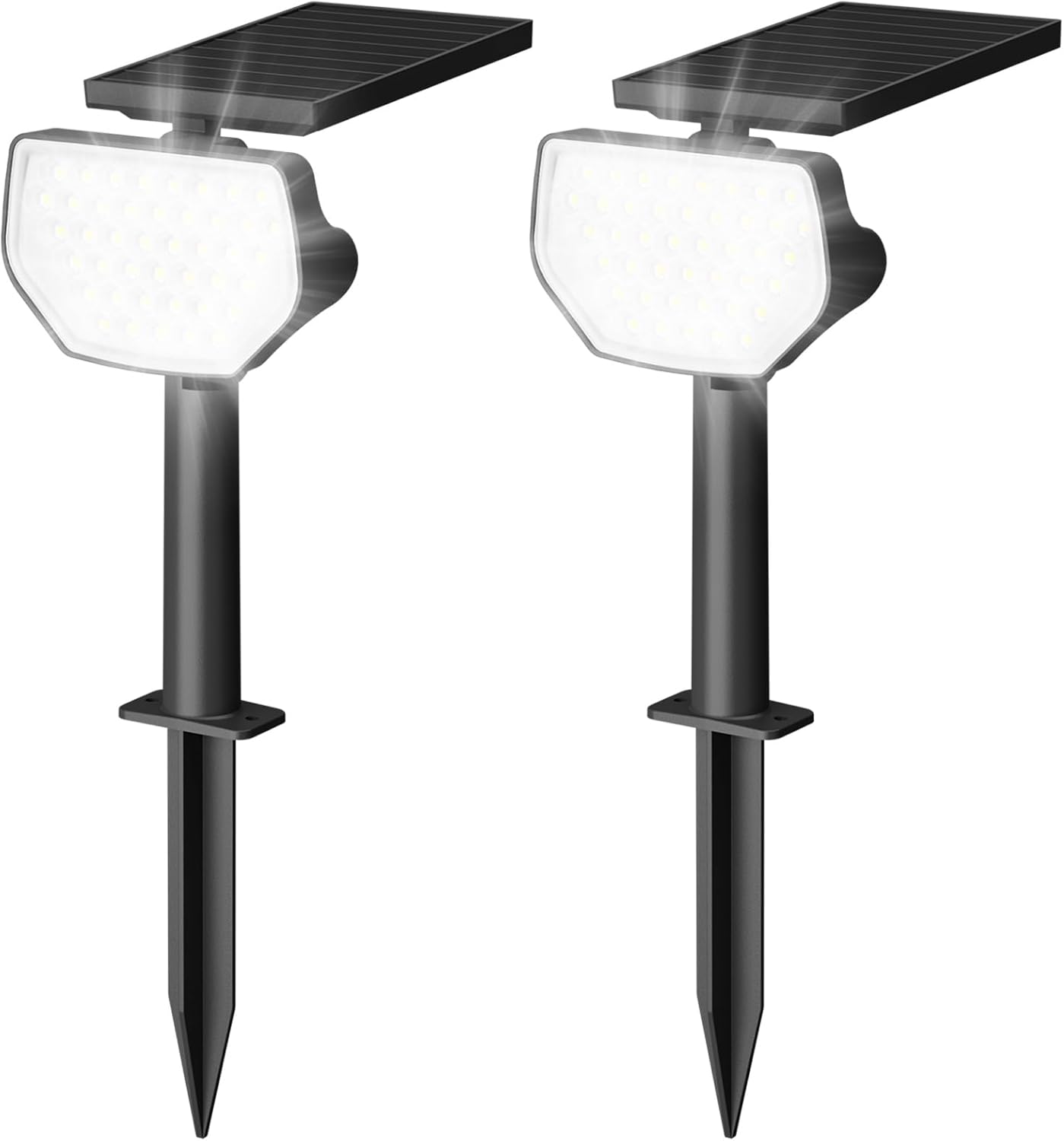 Lepro outdoor solar spotlight with 43 LEDs, daylight white 6500K, waterproof IP65, dusk-to-dawn auto on/off for garden and pathway.