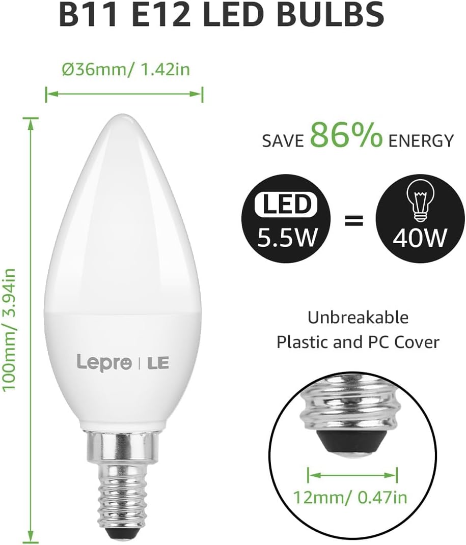 LE Candelabra Light Bulb, 5.5W E12 LED Candle Light Bulb, 40W Equivalent Decorative Chandelier Light Bulbs, Non-Dimmable, 2700K Warm White, 6 Packs