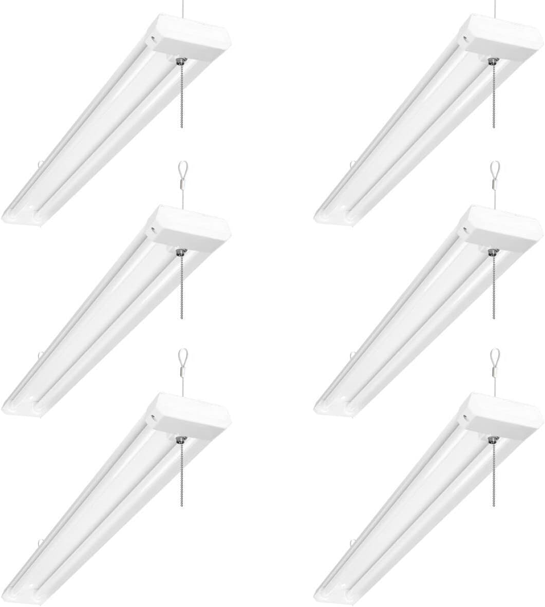Lepro 6-pack 4ft LED shop lights, 4200 lumens, daylight white, ceiling mount with pull chain for garage or workshop lighting.