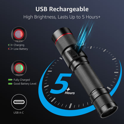 Lepro LED Flashlight Rechargeable, Flash Light Led flashlights high lumens Handheld Flashlights with TypeC Cable, Waterproof Super Bright Flashlight Tactical,Zoomable,5 Modes,Waterproof Lampe de poche