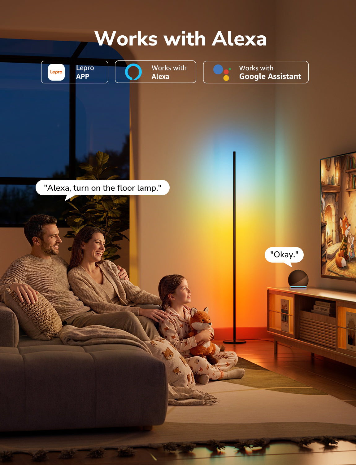 Lepro OE1 AI Floor Lamp with color-changing LED, modern standing design, music sync, and smart home compatibility in a living room setting
