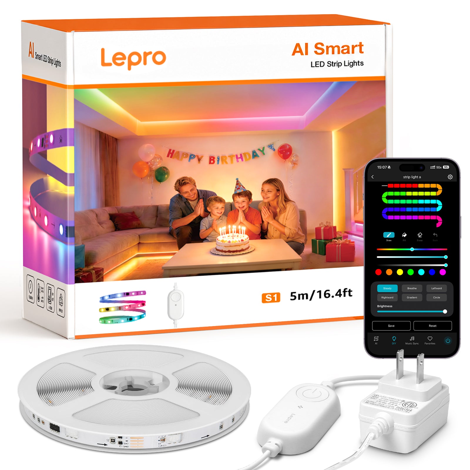 Lepro S1 AI LED Lights, WiFi RGBIC Led Lights Strip for Bedroom, Work with Alexa & Google Smart LED Lights for Bedroom, Music Sync Led Strip Lights, LLM led Light,Bluetooth LED Light Strips