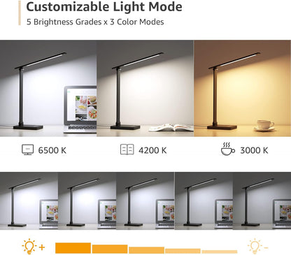 Lepro Desk Lamp LED with USB Charging Port, Dimmable Table Lamp Home Office Reading Touch Control, 3 Color Modes, 5 Brightness Level, College Dorm Room Essentials, Eye Caring, Sewing, Crafting, Black