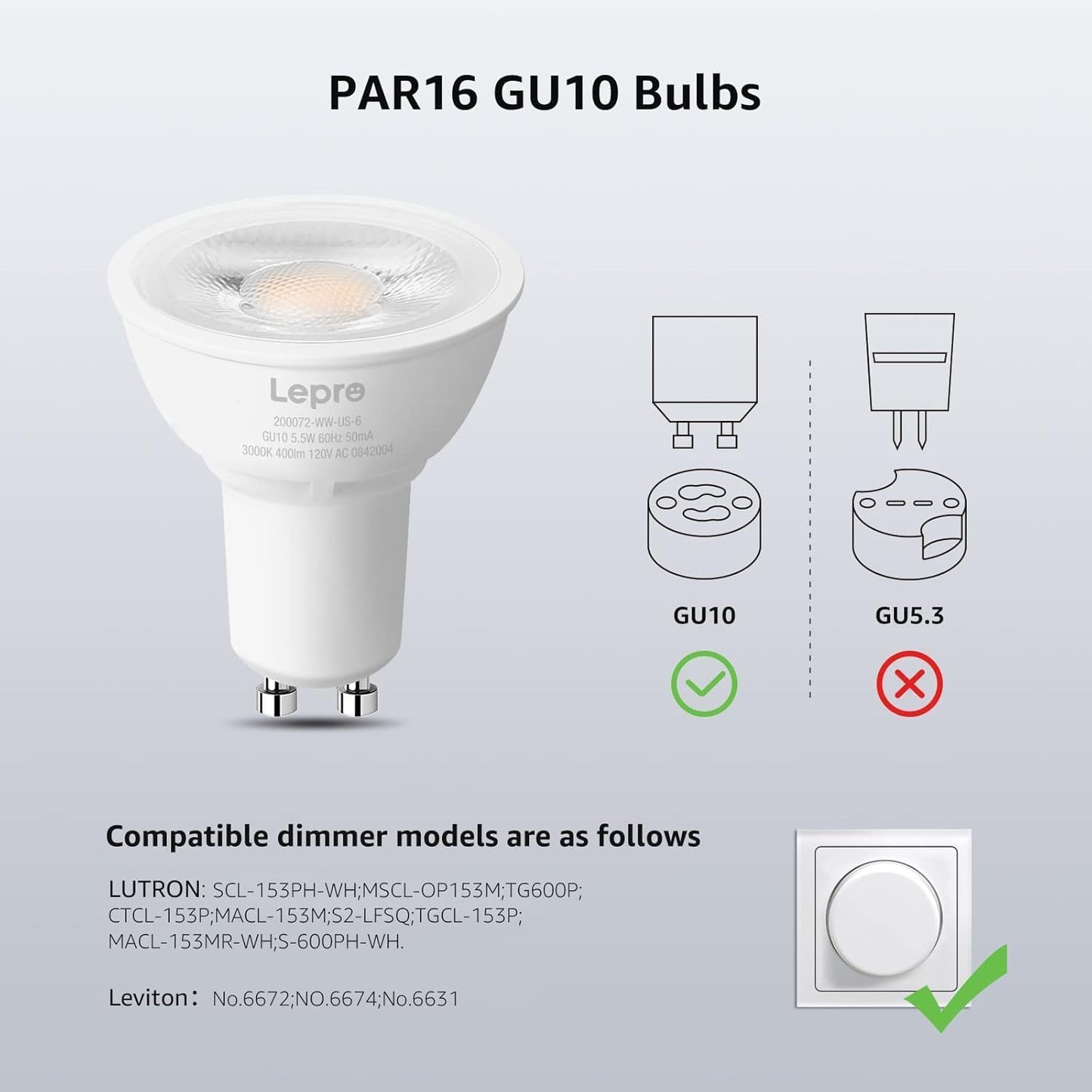 Lepro GU10 LED Bulbs, Dimmable GU10 Light Bulb, 5000K Daylight White Bulbs, 5.5W PAR16 LED Spotlight Bulb, 50W Halogen Equivalent Track Lighting Bulb for Kitchen, Range Hood, Bedroom, 3 Packs