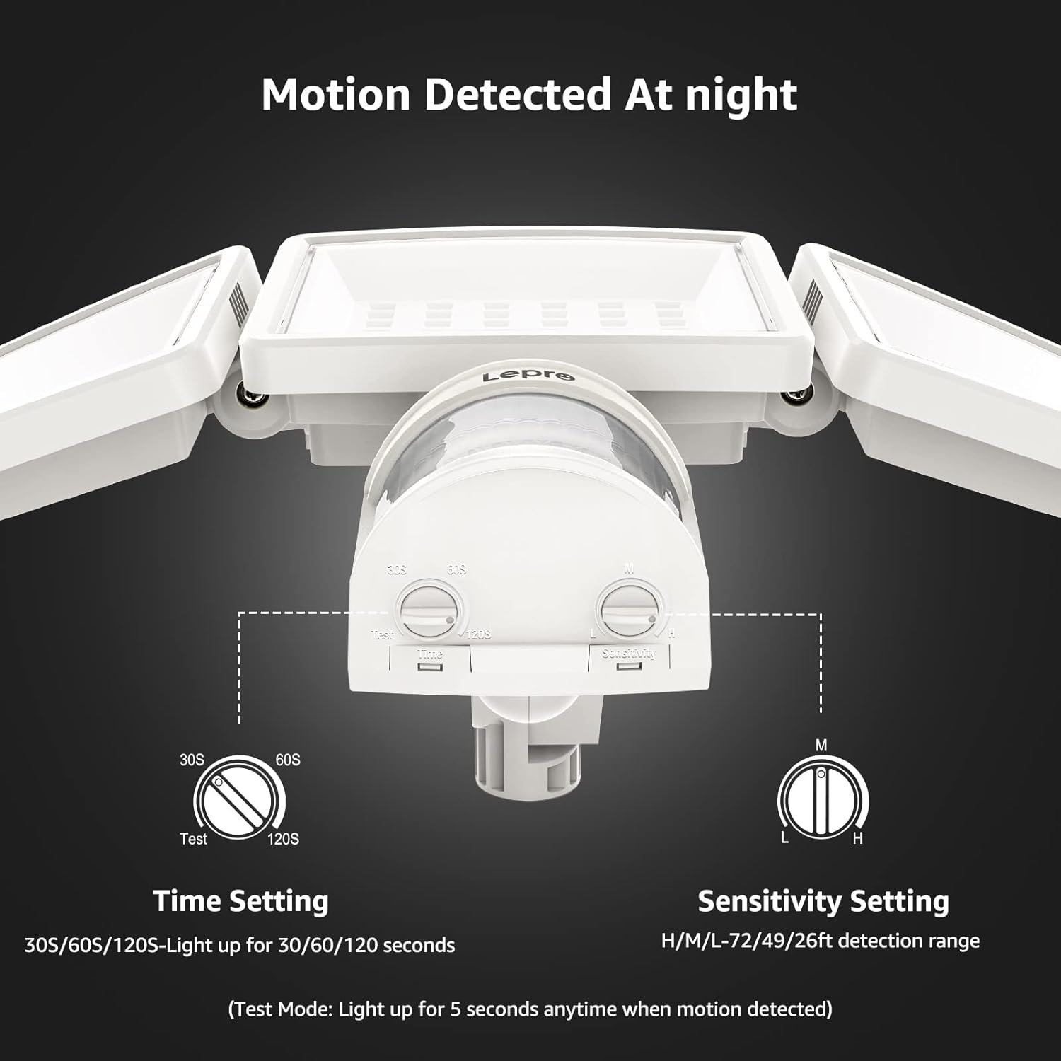 Lepro LED security flood lights with three adjustable heads, white outdoor industrial lighting, waterproof, 270° wide angle, 27W brightness