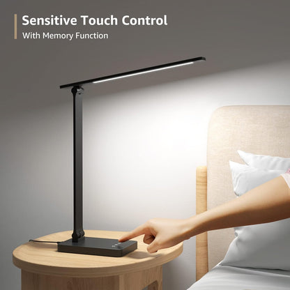 Lepro Desk Lamp LED with USB Charging Port, Dimmable Table Lamp Home Office Reading Touch Control, 3 Color Modes, 5 Brightness Level, College Dorm Room Essentials, Eye Caring, Sewing, Crafting, Black