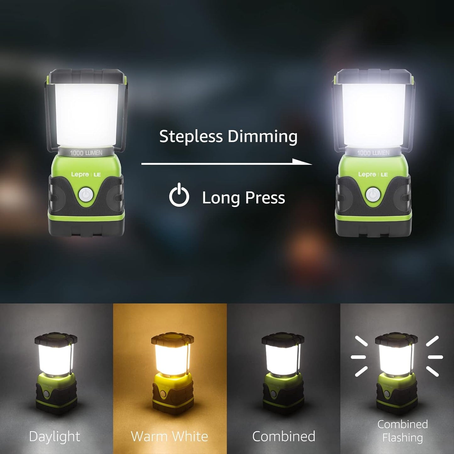 Lepro Outdoor LED Camping Lantern, 1000LM, Battery Powered, Dimmable Camping Lights, Waterproof Emergency Lights for Power Outages, Portable Tent Light Camping Lamp for Hiking, Fishing, Green