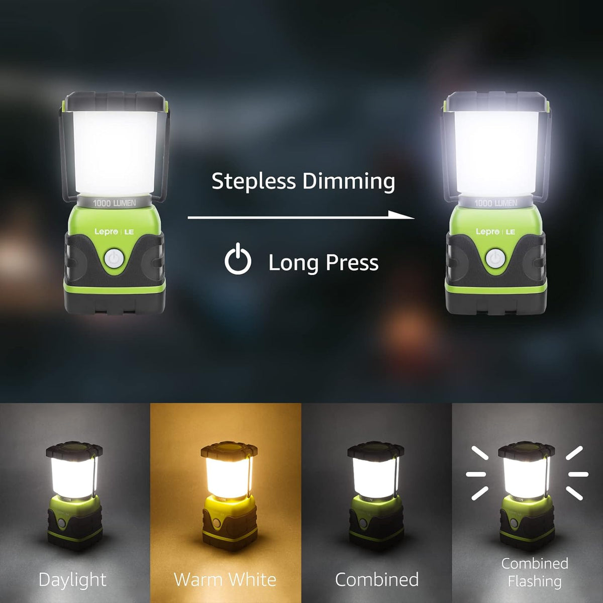Lepro outdoor LED camping lantern with 1000 lumens, waterproof, battery-powered, dimmable, portable tent light for hiking and emergencies.
