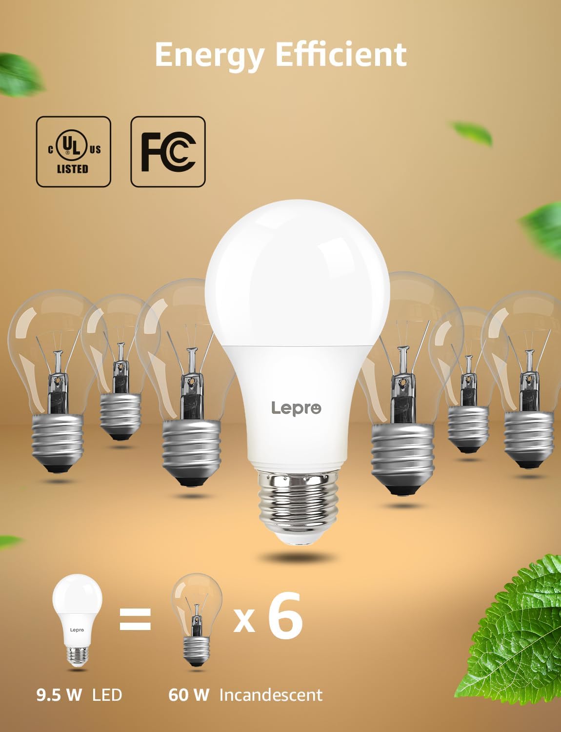 Lepro Dimmable LED Light Bulbs, 60W Equivalent LED Bulb, 2700K Warm White, 9.5W 800LM A19 E26 Standard Medium Base, UL FCC Listed, 15000 Hour Lifetime, 6 Packs