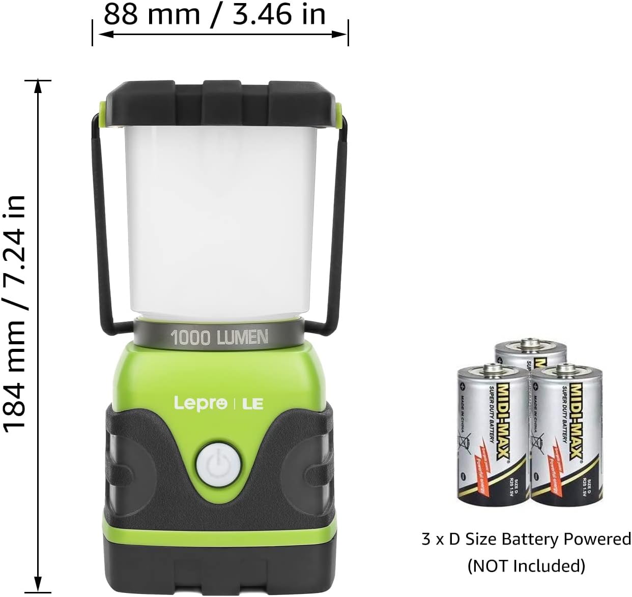 Lepro outdoor LED camping lantern with 1000 lumens, green, waterproof, battery-powered, dimmable tent light for camping and hiking.