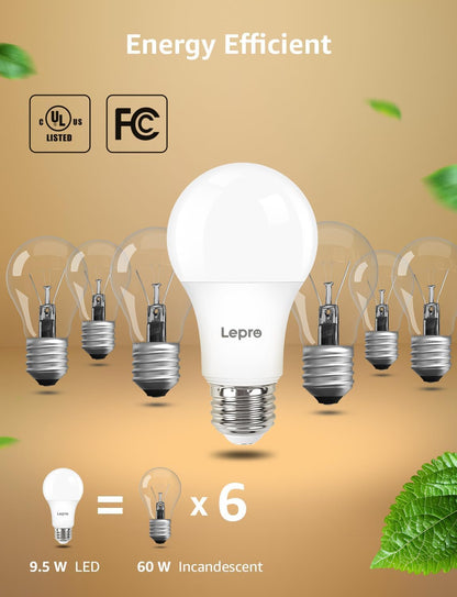 Lepro dimmable LED light bulbs, 60W equivalent, warm white 2700K, 9.5W, A19 E26 base, 3-pack, UL FCC listed