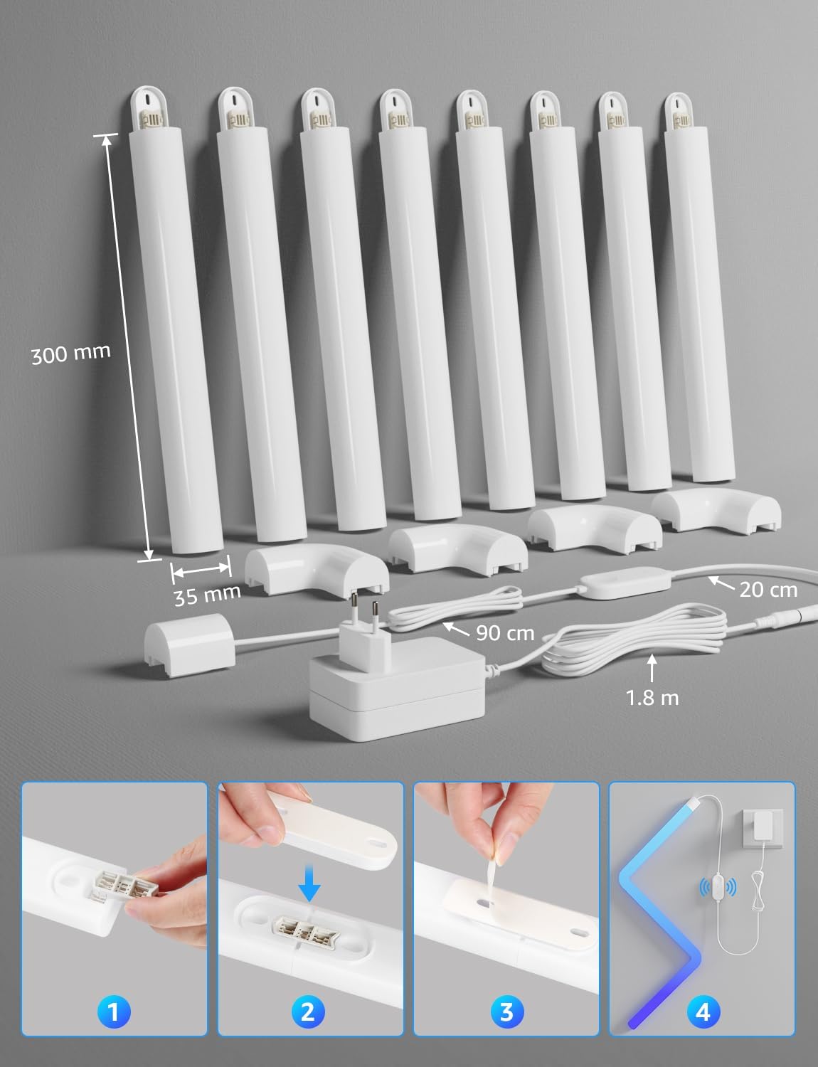 Lepro WL1 AI Glide Smart Wall Light, LLM RGBIC Glide Led Wall Lights, Work with Alexa/Google Assistant, Music Sync TV LED Backlight, Multi Segmented DIY, 8 Pcs+4 Corners Smart LED Lights for Gaming