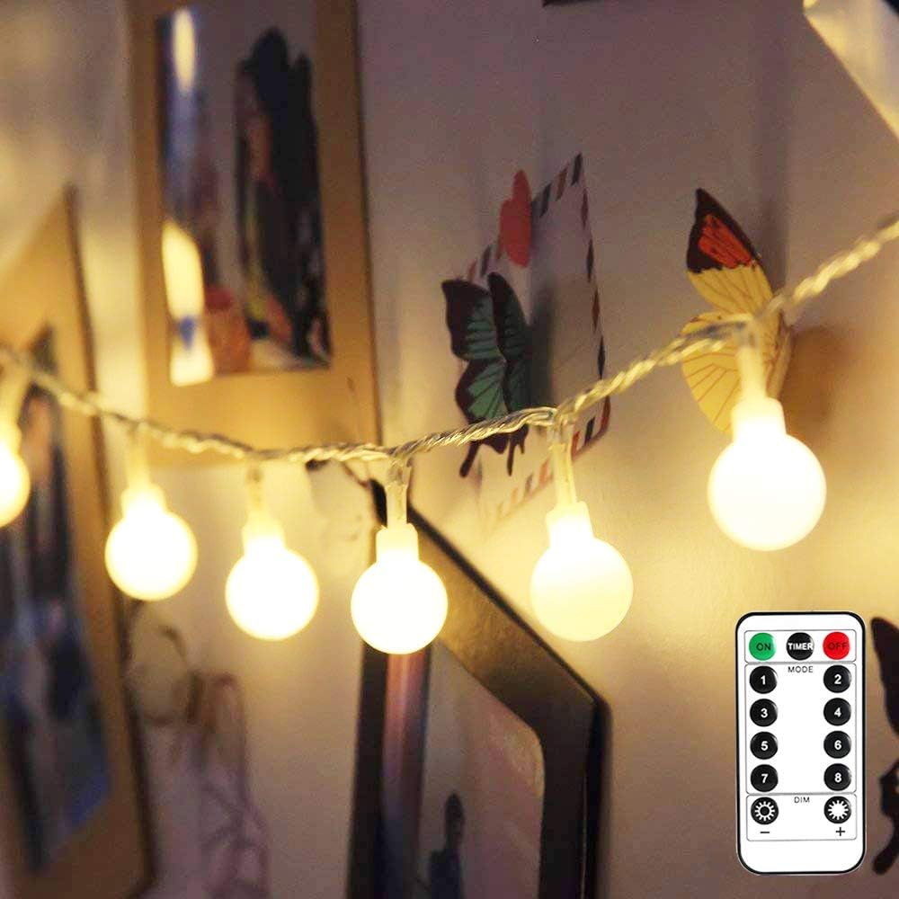 Lepro LE globe string lights with 50 LEDs, 16.4ft length, battery-powered, decorative ball lights for bedroom, garden, or party decor.