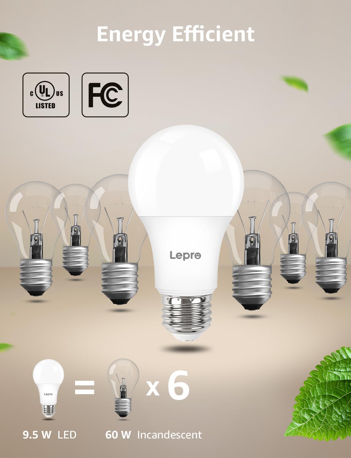 Lepro Dimmable LED Light Bulbs, 60W Equivalent LED Bulb, 5000K Daylight White, 9.5W 800LM A19 E26 Standard Medium Base, UL FCC Listed, 15000 Hour Lifetime, 6 Packs