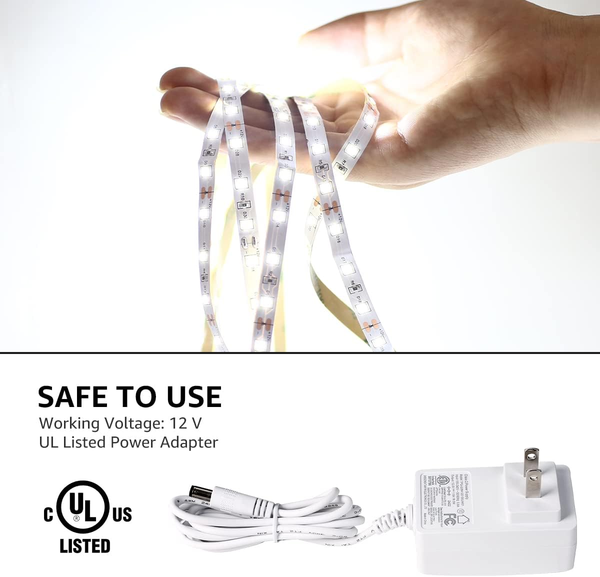 16.4ft 12V Dimmable LED Strip Lights, 6000K Daylight White, 300 Units 2835SMD LEDTape Light for Home, Kitchen, Bedroom, Car and More, Non Waterproof, Power Adapter Included