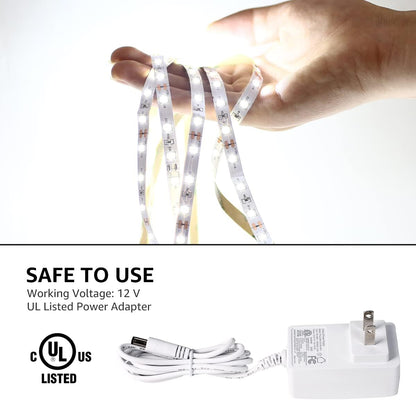 16.4ft 12V Dimmable LED Strip Lights, 6000K Daylight White, 300 Units 2835SMD LEDTape Light for Home, Kitchen, Bedroom, Car and More, Non Waterproof, Power Adapter Included