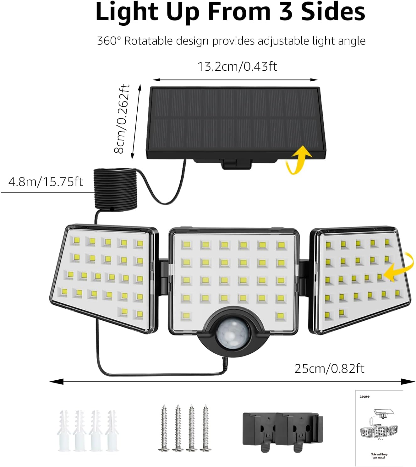 Lepro Solar Motion Sensor Light Outdoor, 72 LED 1000lm Solar Flood Light Separate Solar Panel 3 Adjustable Heads 270¡ã Wide Lighting Angle 6500K Daylight White Auto ON/OFF IP65 Waterproof Security Wall Lights for Porch Yard Garage Pathway, 2 Packs