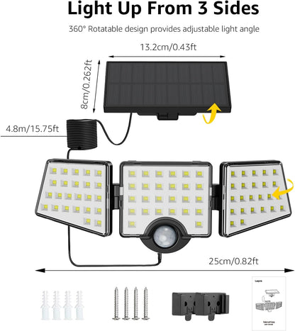 Lepro Solar Motion Sensor Light Outdoor, 72 LED 1000lm Solar Flood Light Separate Solar Panel 3 Adjustable Heads 270¡ã Wide Lighting Angle 6500K Daylight White Auto ON/OFF IP65 Waterproof Security Wall Lights for Porch Yard Garage Pathway, 2 Packs