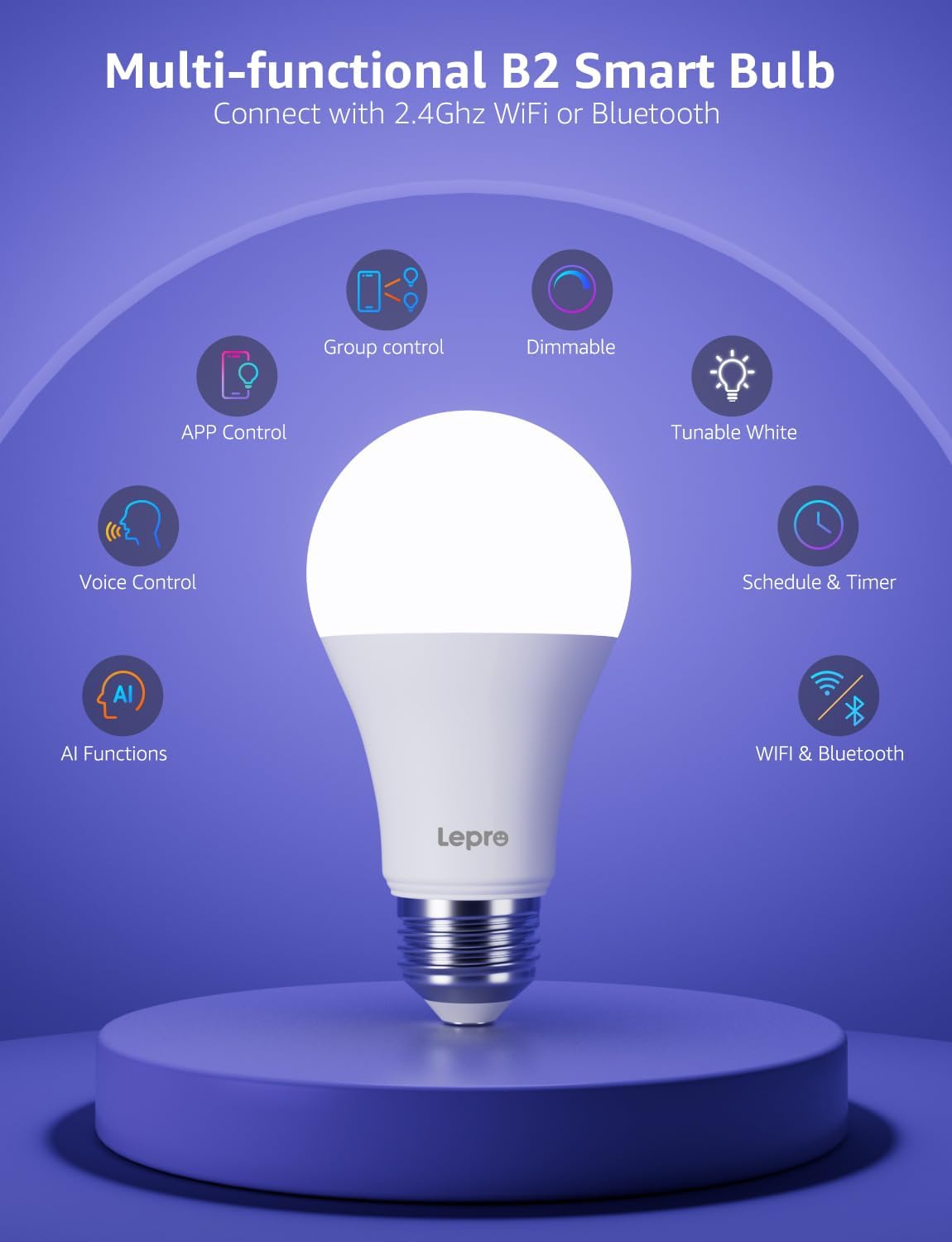 Lepro B2 AI smart LED light bulbs in a pack, RGBWW color changing, WiFi and Bluetooth enabled, compatible with Alexa and Google Assistant.