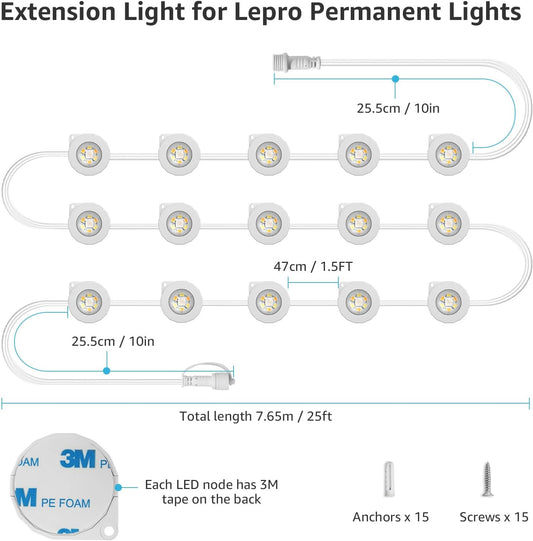 Lepro 25 ft outdoor permanent string light accessories, single strand without adapter or in-line controller, suitable for outdoor lighting.