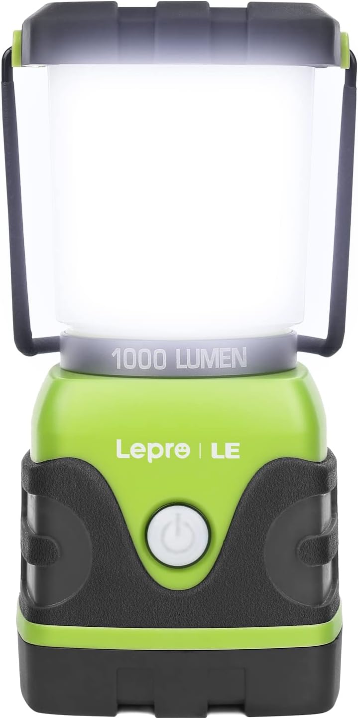 Lepro outdoor LED camping lantern with 1000 lumens, battery-powered, waterproof, dimmable tent light for hiking and camping.