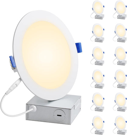 Lepro LED Pot Lights 4 Inch, 10W Dimmable Slim Recessed Lights with Junction Box, 750LM 3000K LED Ceiling Downlight for Kitchen Living Room Bedroom, Energy Star Certified, 12 Pack