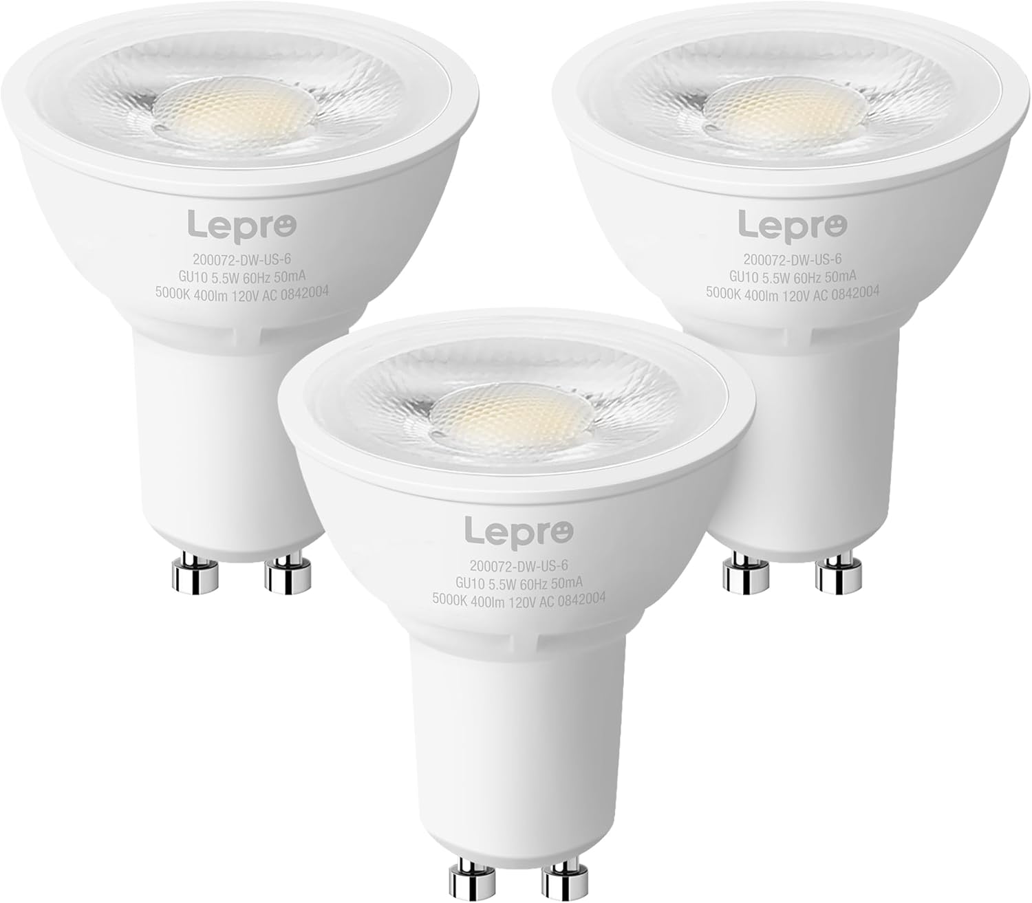 Lepro GU10 LED Bulbs, Dimmable GU10 Light Bulb, 5000K Daylight White Bulbs, 5.5W PAR16 LED Spotlight Bulb, 50W Halogen Equivalent Track Lighting Bulb for Kitchen, Range Hood, Bedroom, 3 Packs