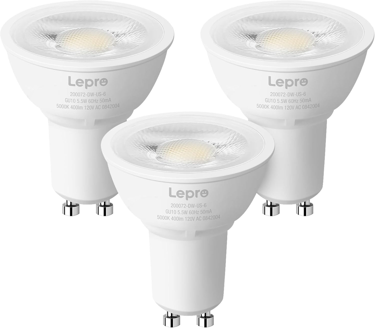 Lepro GU10 LED Bulbs, Dimmable GU10 Light Bulb, 5000K Daylight White Bulbs, 5.5W PAR16 LED Spotlight Bulb, 50W Halogen Equivalent Track Lighting Bulb for Kitchen, Range Hood, Bedroom, 3 Packs