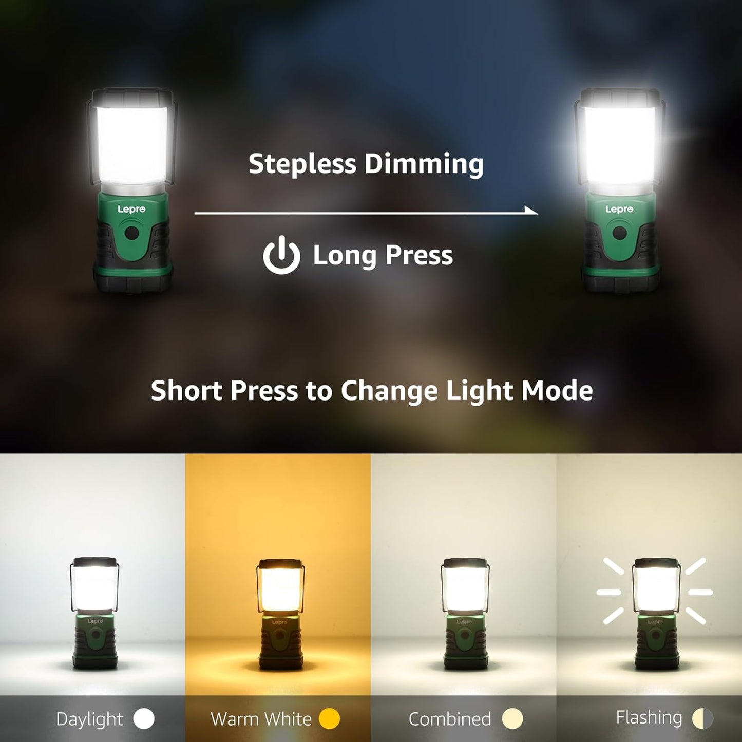 Lepro Portable LED Camping Lantern, 350LM Bright Camping Light with 4 Lighting Modes Battery Powered Camping Lamp for Outdoor, Car Camping, Tent, Power Outage, Emergency, 4-Pack