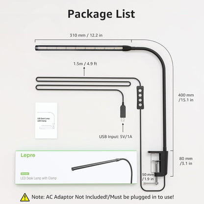 Lepro Clip on Desk Lamp LED Reading light Dimmable USB Clamp Lamp with 3 Color Modes 10 Brightness, Adjustable Flexible Gooseneck Table Light for Bed Headboard, Workbench, Home Office, Computer, Black