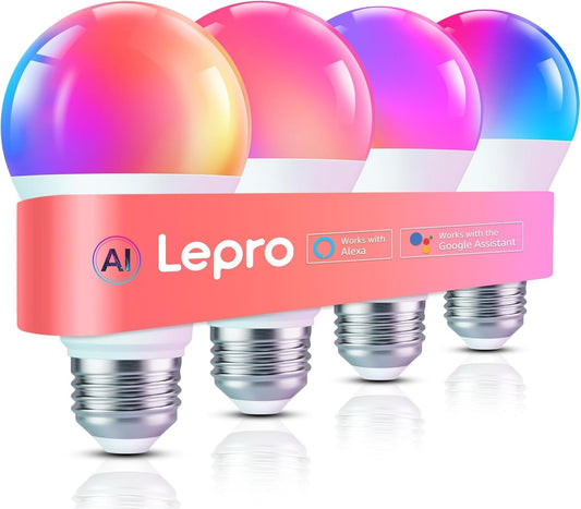 Lepro B1 AI Smart Bulbs, Colour Changing Light Bulb, Work with Alexa and Google Assistant, WiFi & Bluetooth LED Light Bulbs, Music Sync, Via Lepro App, RGBWW Dimmable LLM, A19 E26, 4 Packs