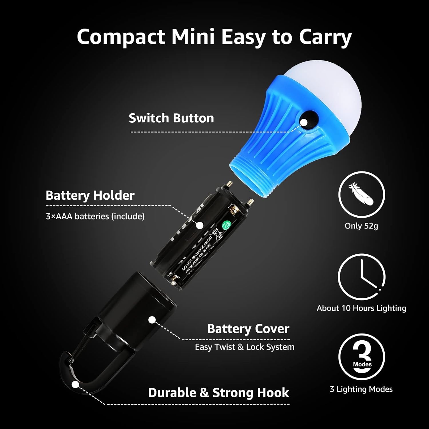 Lepro compact LED tent light with clip hooks, portable camping lantern with dimmable modes, suitable for outdoor camping and emergencies.