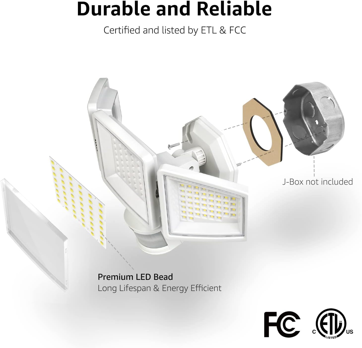 Lepro LED security flood lights with three adjustable heads, bright 270-degree wide angle, waterproof outdoor industrial lighting.