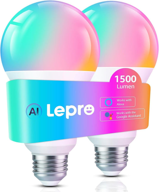 Lepro B3 AI Smart Light Bulb, 1500LM WiFi & Bluetooth RGBWW Color Changing Light Bulb, Works with Alexa & Google Assistant, AI Voice Control, Music Sync, Via Lepro App, A21 100W Smart Bulbs, 2 Pack