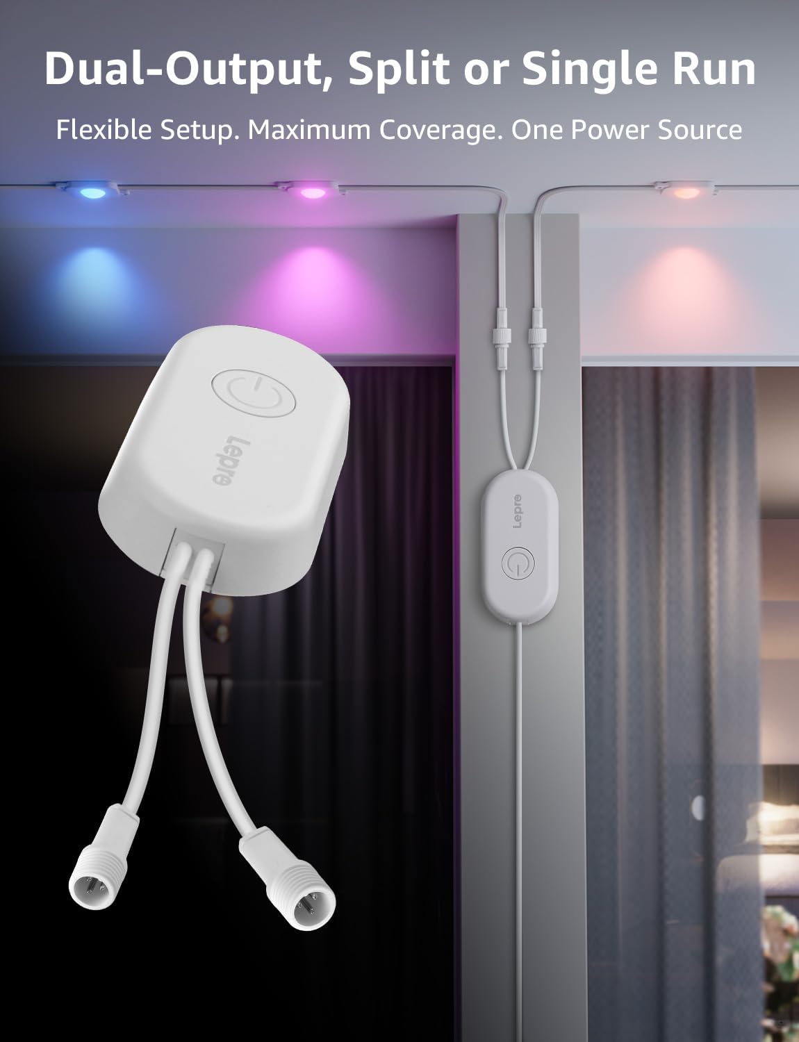 Lepro EE1 AI Permanent Outdoor Lights APP Control, 50ft 30 RGB+IC LED & Dual Output, Works with Alexa & Google, Waterproof Eave Light for Christmas, Halloween, House Decor, 2.4GHz WiFi/Bluetooth