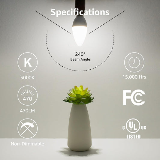 Lepro LE Candelabra LED bulb, 5.5W daylight white E12 chandelier light bulb, 6-pack indoor decorative lighting.