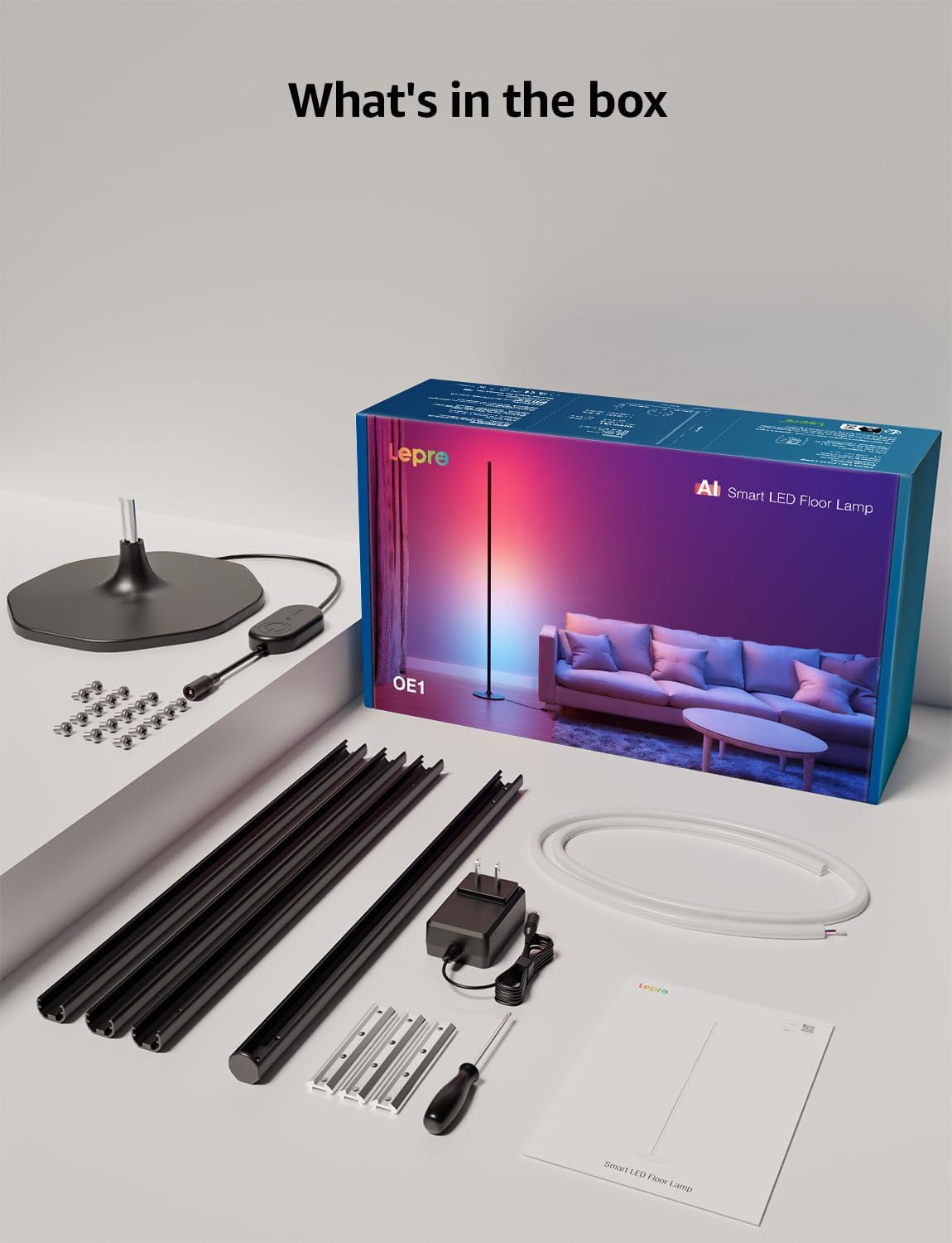 Lepro OE1 AI floor lamp with color-changing LED, modern standing design, music sync, and smart controls in a living room setting