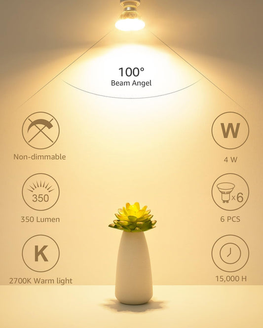 Lepro GU10 LED bulb, 4W, soft warm white 2700K, non-dimmable, 50W halogen equivalent, for track lighting and indoor use, 6-pack