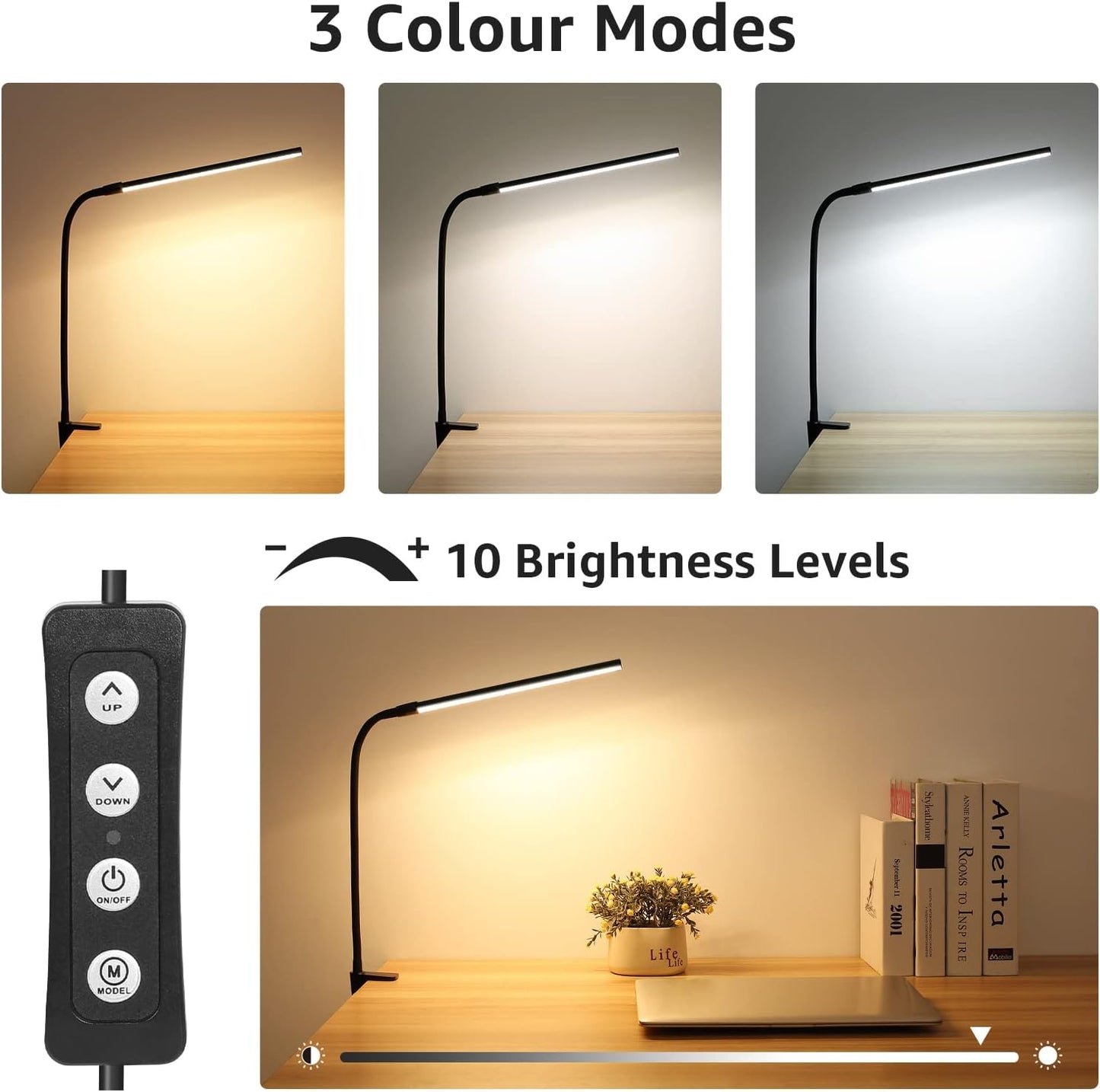 Lepro Clip on Desk Lamp LED Reading light Dimmable USB Clamp Lamp with 3 Color Modes 10 Brightness, Adjustable Flexible Gooseneck Table Light for Bed Headboard, Workbench, Home Office, Computer, Black