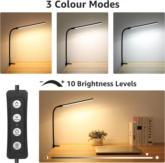 Lepro LED clip-on desk lamp with adjustable gooseneck, dimmable brightness, three color modes, black finish for home or office use.
