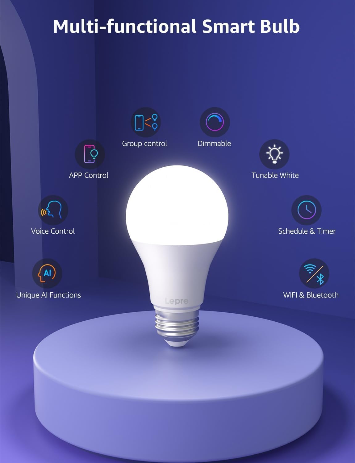 Lepro B1 AI Smart Bulbs, Colour Changing Light Bulb, Work with Alexa and Google Assistant, WiFi & Bluetooth LED Light Bulbs, RGBWW Dimmable, Music Sync, Via Lepro App, LLM, A19 E26 800 Lumen, 2 Packs