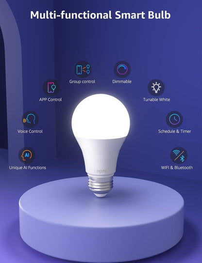 Lepro B1 AI Smart Bulbs, Colour Changing Light Bulb, Work with Alexa and Google Assistant, WiFi & Bluetooth LED Light Bulbs, RGBWW Dimmable, Music Sync, Via Lepro App, LLM, A19 E26 800 Lumen, 2 Packs