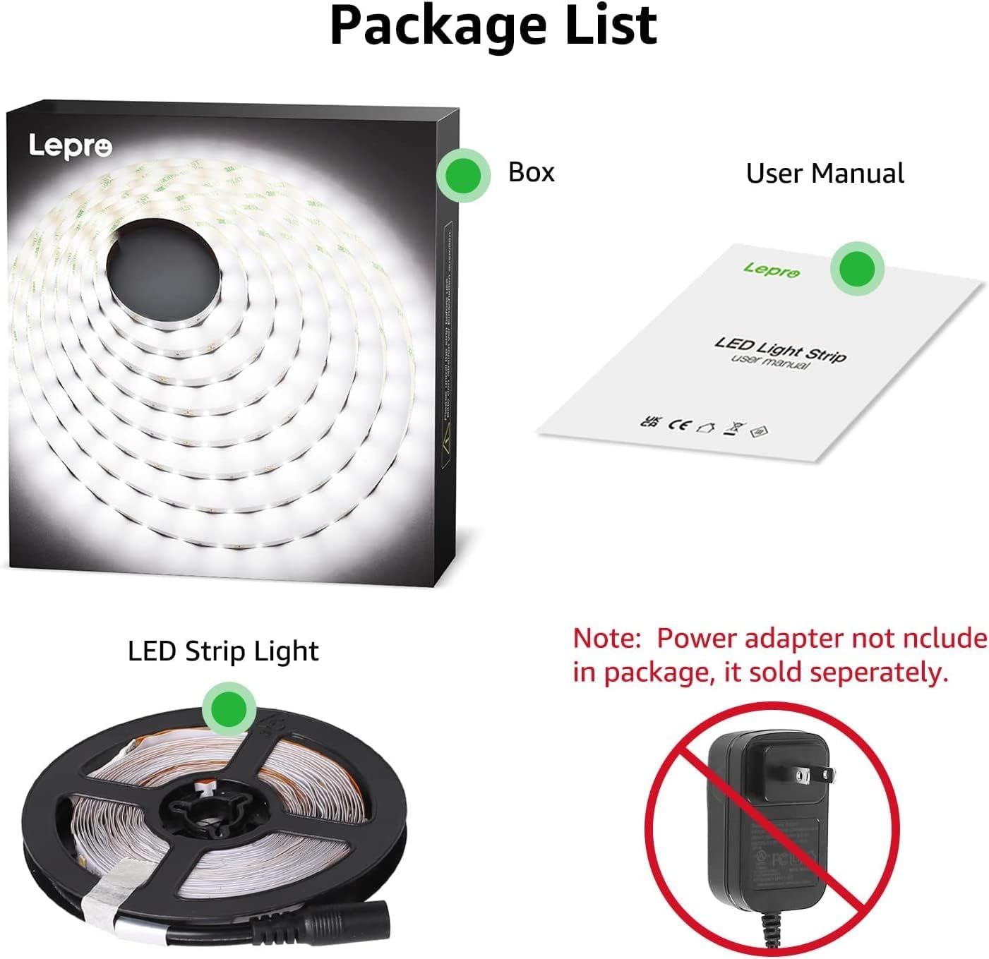Lepro LED Light Strip, 16.4ft 300LEDs 2835SMD, Flexible LED Strip, 12V DC Non-Waterproof, for DIY Home Kitchen Car Bar Party Decoration, Power Adapter Not Included, Daylight White