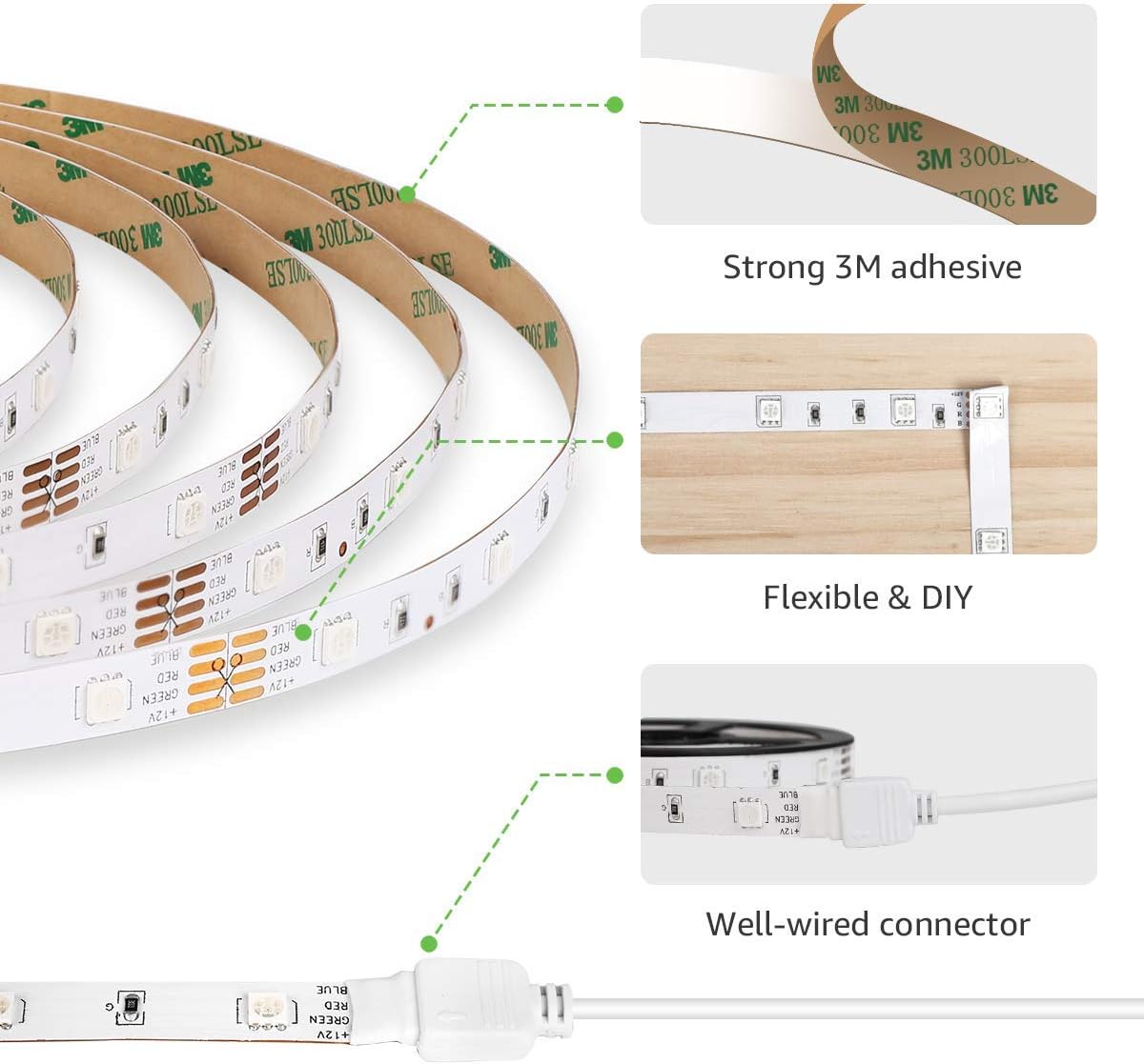 Lepro Smart WIFI LED Strip Lights, 32.8ft 300 LEDs Wireless APP Controlled Flexible RGB Light Strip Kit Compatible with Alexa and Google Assistant, Dimmable Color Changing 5050 LED Tape Light with Power Supply, No Hub Required, 16.4ft*2