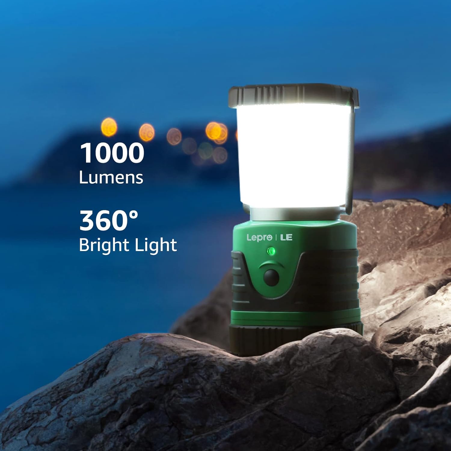 Lepro 1000lm LED camping lantern with four light modes, built-in power bank, waterproof design, suitable for outdoor and emergency use