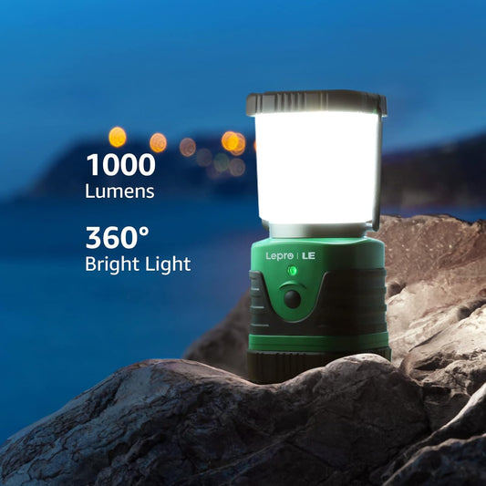 Lepro 1000lm LED camping lantern with four light modes, built-in power bank, waterproof design, suitable for outdoor and emergency use