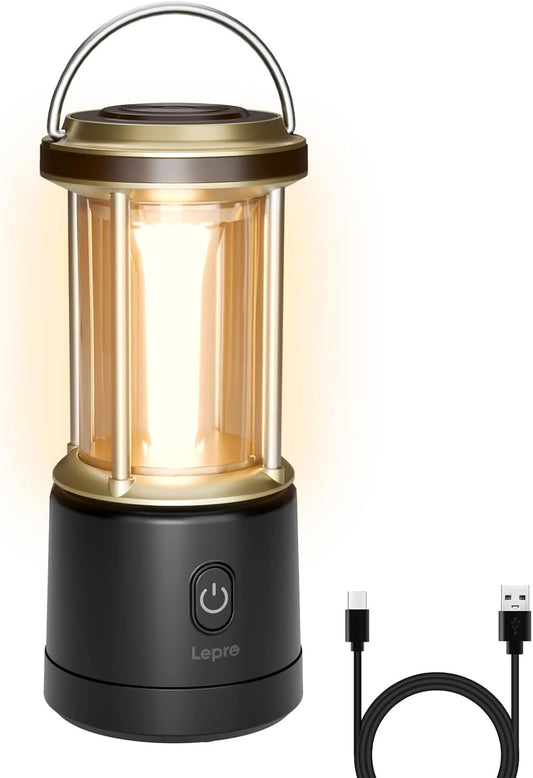 Lepro 1800LM USB Rechargeable LED Camping Lantern, Waterproof Tent Light with 4 Light Modes, Camping Essentials, Portable Lantern Flashlight for Camping, Emergency Light, Type-C Cable Included, Black