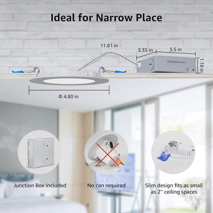 Lepro LED Pot Lights 4 Inch, 10W Dimmable Slim Recessed Lights with Junction Box, 750LM 3000K LED Ceiling Downlight for Kitchen Living Room Bedroom, Energy Star Certified, 12 Pack